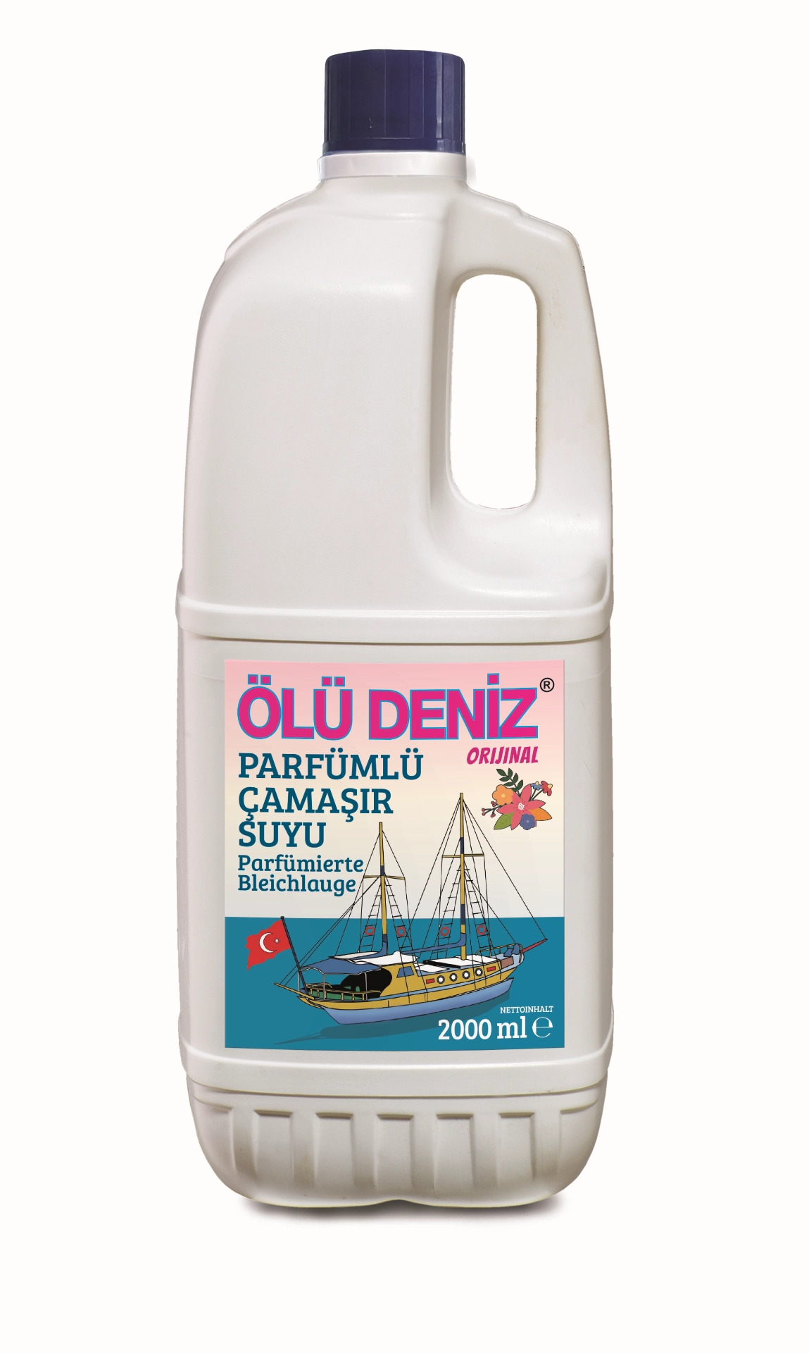 Flasche mit blauer Etikette für Reinigungsprodukt, enthält Gebrauchsinformationen.
