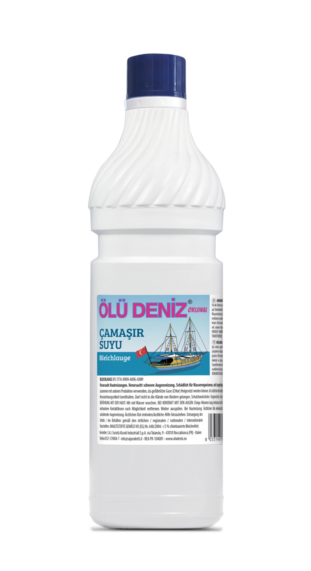 Flasche mit blauer Etikette für Reinigungsprodukt, enthält Gebrauchsinformationen.