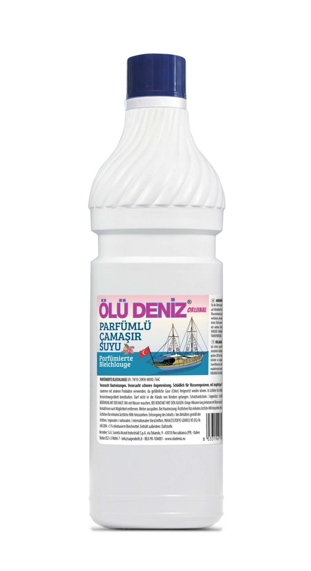 Flasche mit blauer Etikette für Reinigungsprodukt, enthält Gebrauchsinformationen.