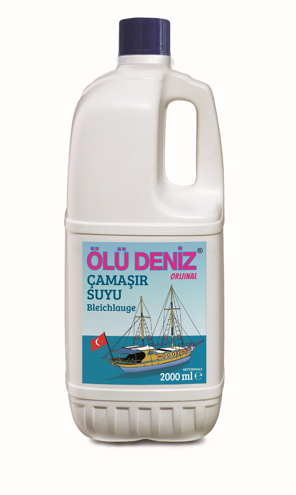 Flasche mit blauer Etikette für Reinigungsprodukt, enthält Gebrauchsinformationen.