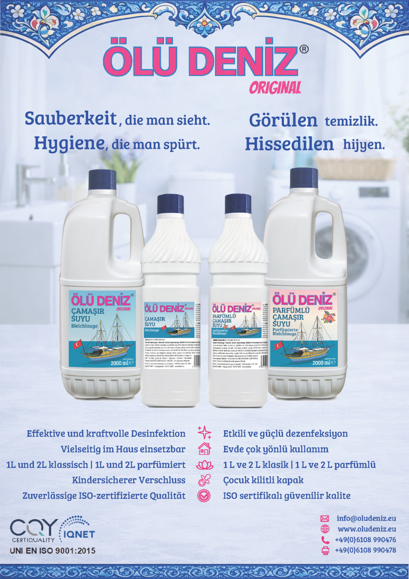 Flaschen mit Reinigungsmittel und Informationen über deren Anwendung und Vorteile.